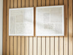 Set of 2 framed abstract wall prints with textured white squares and lines; beige frames