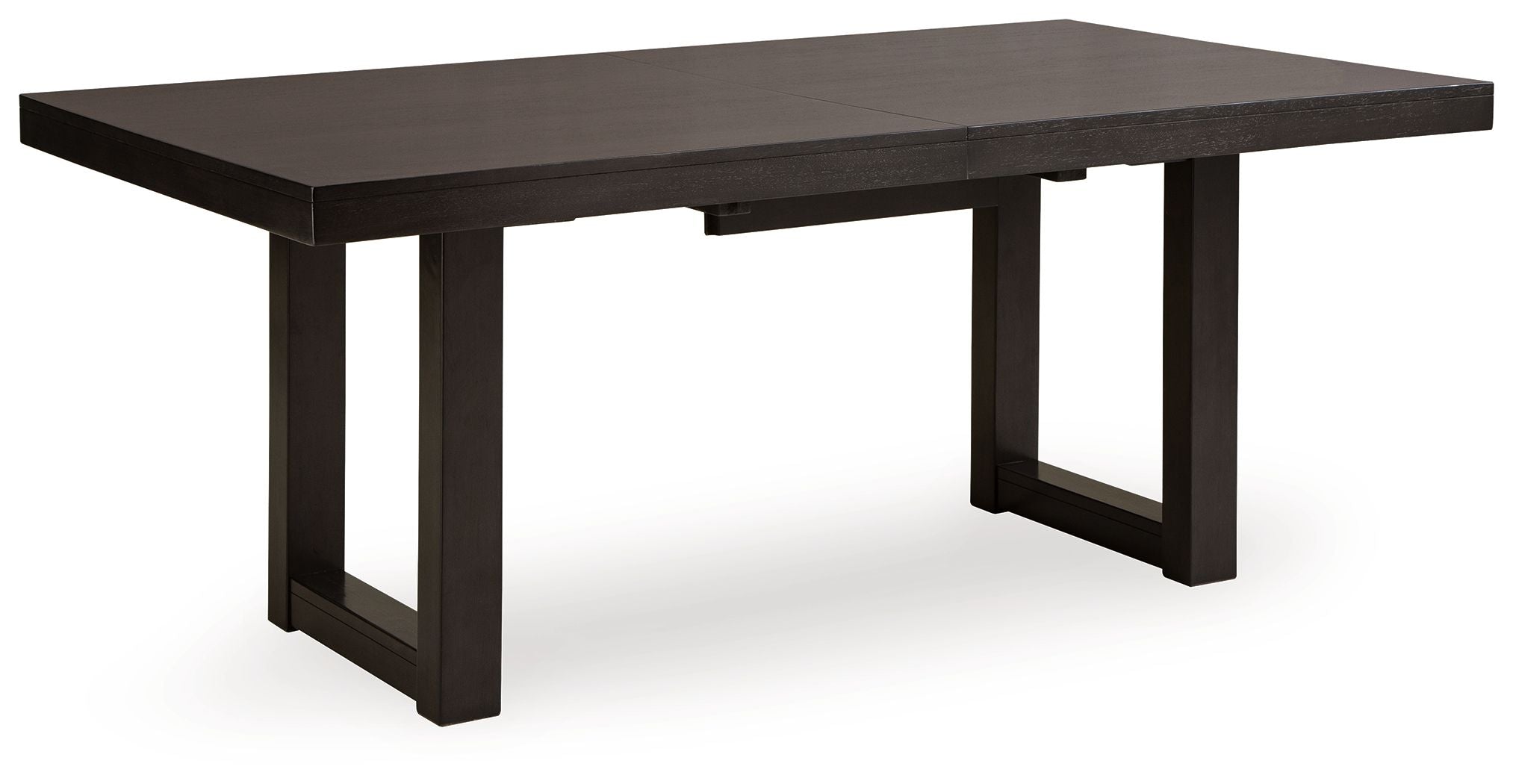 Rectangular dark grayish-brown dining table with thick tabletop and four tapered legs