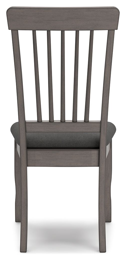 Gray dining room side chair showing vertical slat back and wide padded seat