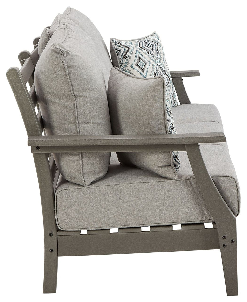 Gray outdoor sofa chair-style seat with armrest, back cushions, and patterned throw pillow