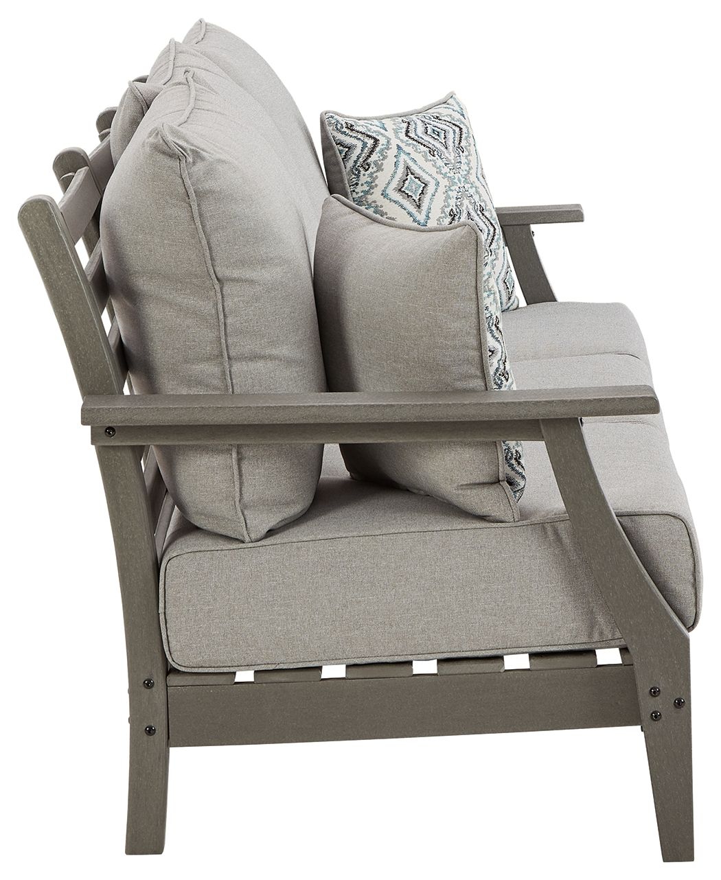 Gray outdoor sofa chair-style seat with armrest, back cushions, and patterned throw pillow