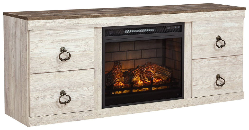 Beige TV console with electric fireplace insert and decorative drawer pulls