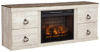 Beige TV console with electric fireplace insert and decorative drawer pulls