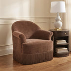 Clay swivel accent chair with cushioned seat and back, fringed skirt, brown upholstery
