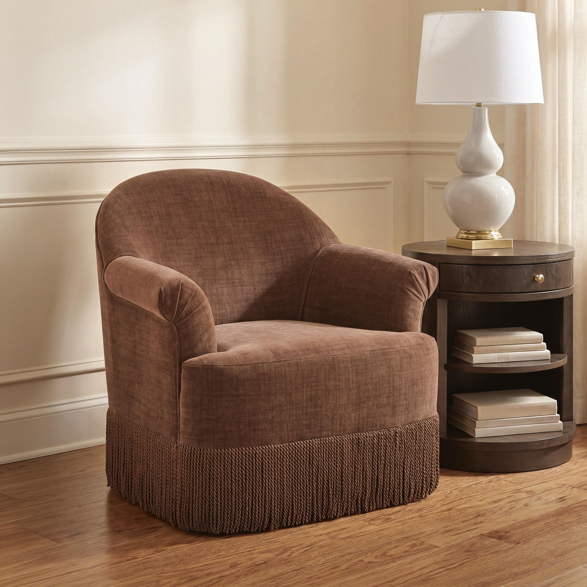 Clay swivel accent chair with cushioned seat and back, fringed skirt, brown upholstery