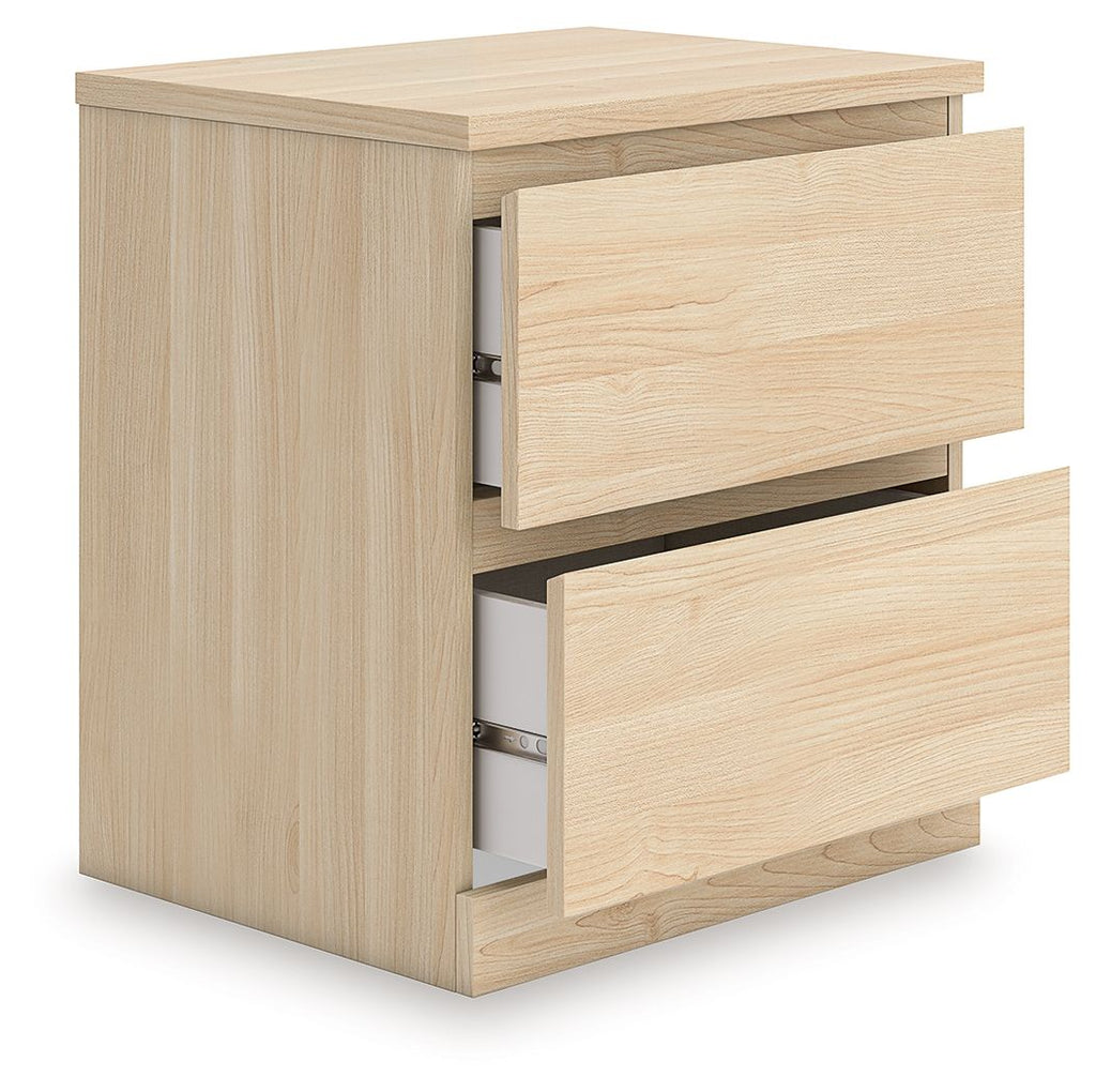 Light brown two-drawer night stand with one drawer open, showing interior