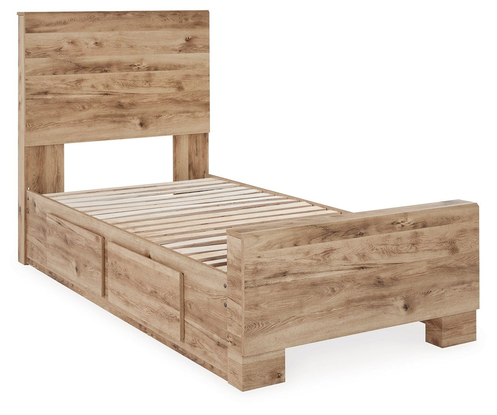 Storage bed frame with two drawers and slat base, light beige wood grain