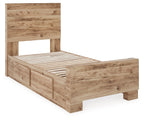 Storage bed frame with two drawers and slat base, light beige wood grain