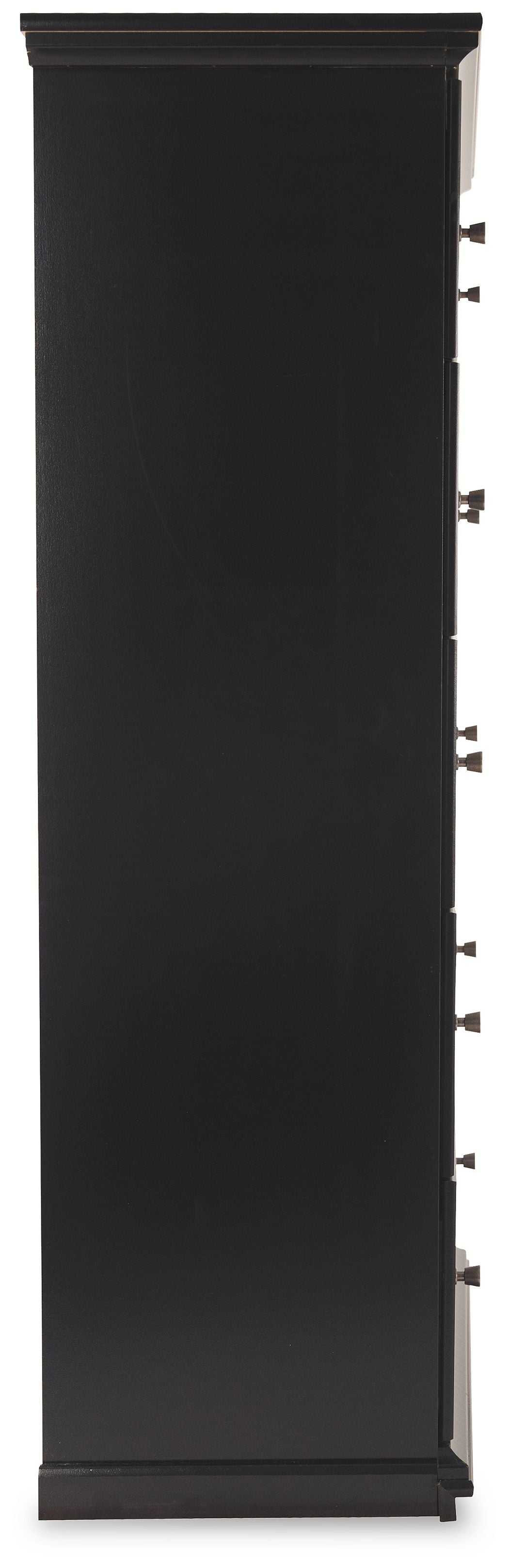 Black five-drawer chest with top pull handles and recessed drawer fronts