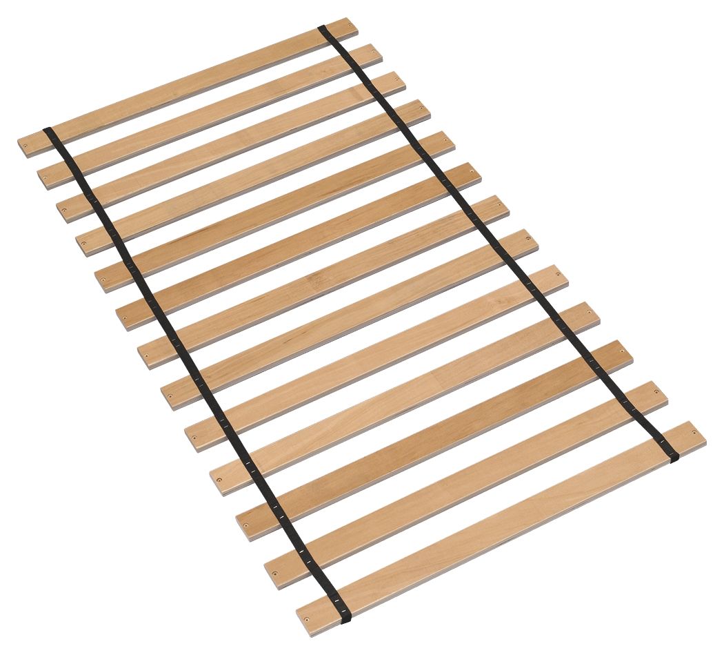 Brown twin roll slats with black straps and parallel wood slats in a rectangular mat
