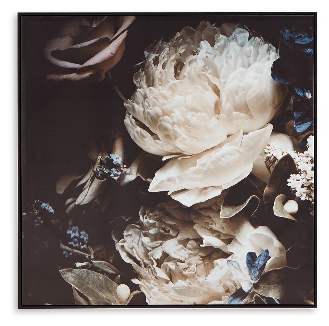 Hurshaw framed wall art featuring layered white peony with blue butterflies