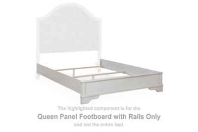Queen panel footboard with rails, chipped white, arched panel design