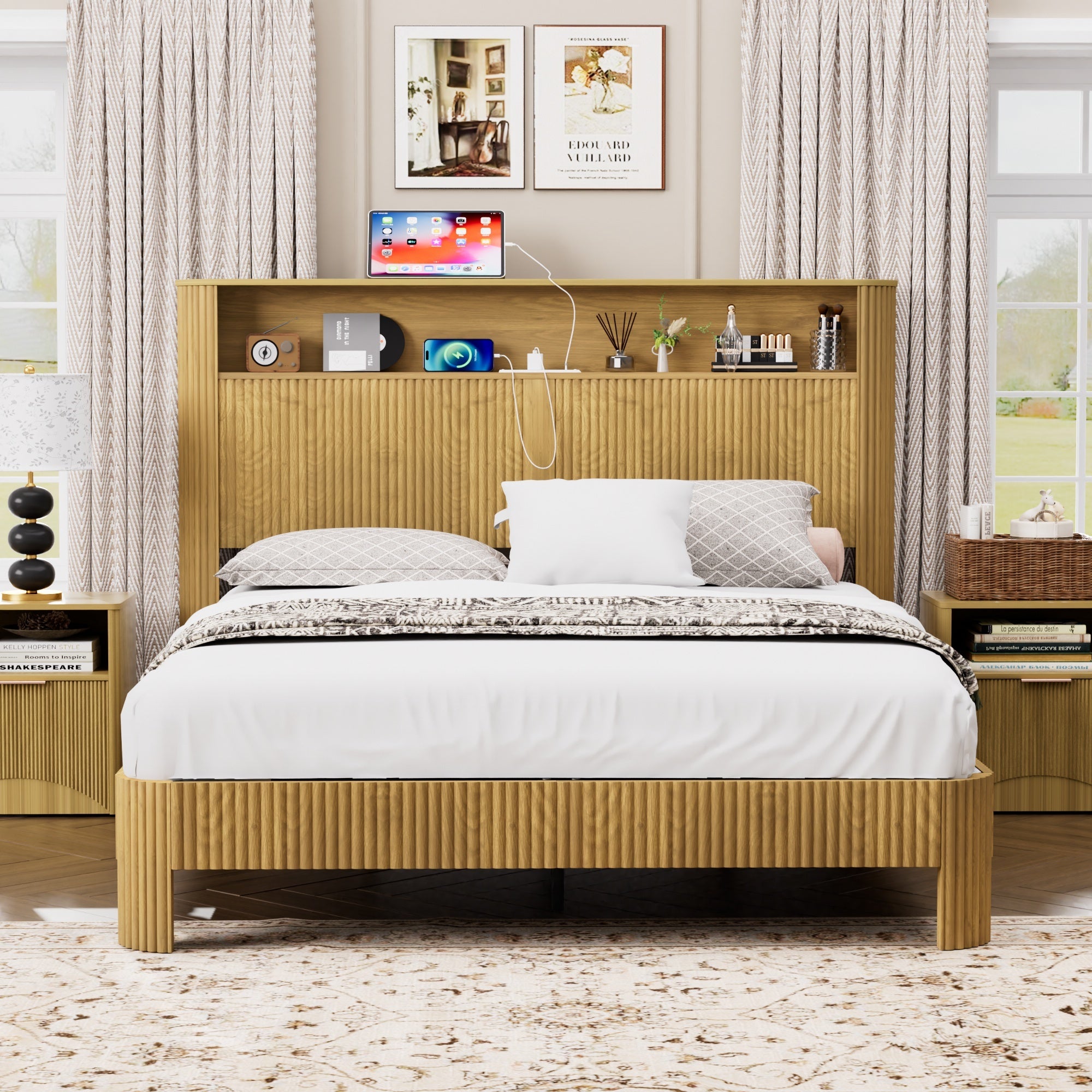 Queen Bed Frame with Storage, Charging Station, Wavy Design, Silent, Natural