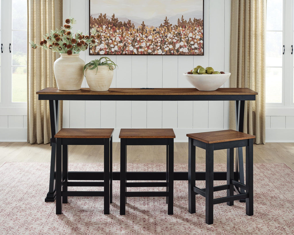 Rectangular dining counter table set with 3 square stools, brown tabletop and black legs