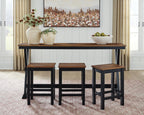 Rectangular dining counter table set with 3 square stools, brown tabletop and black legs