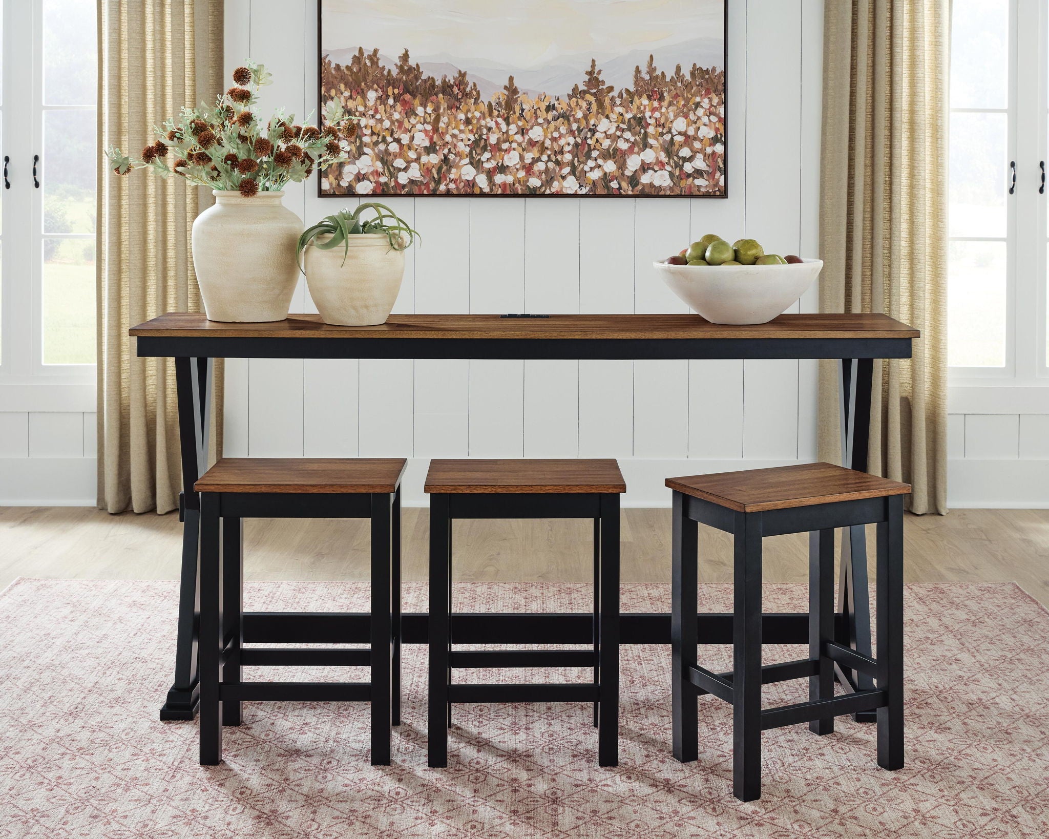 Rectangular dining counter table set with 3 square stools, brown tabletop and black legs