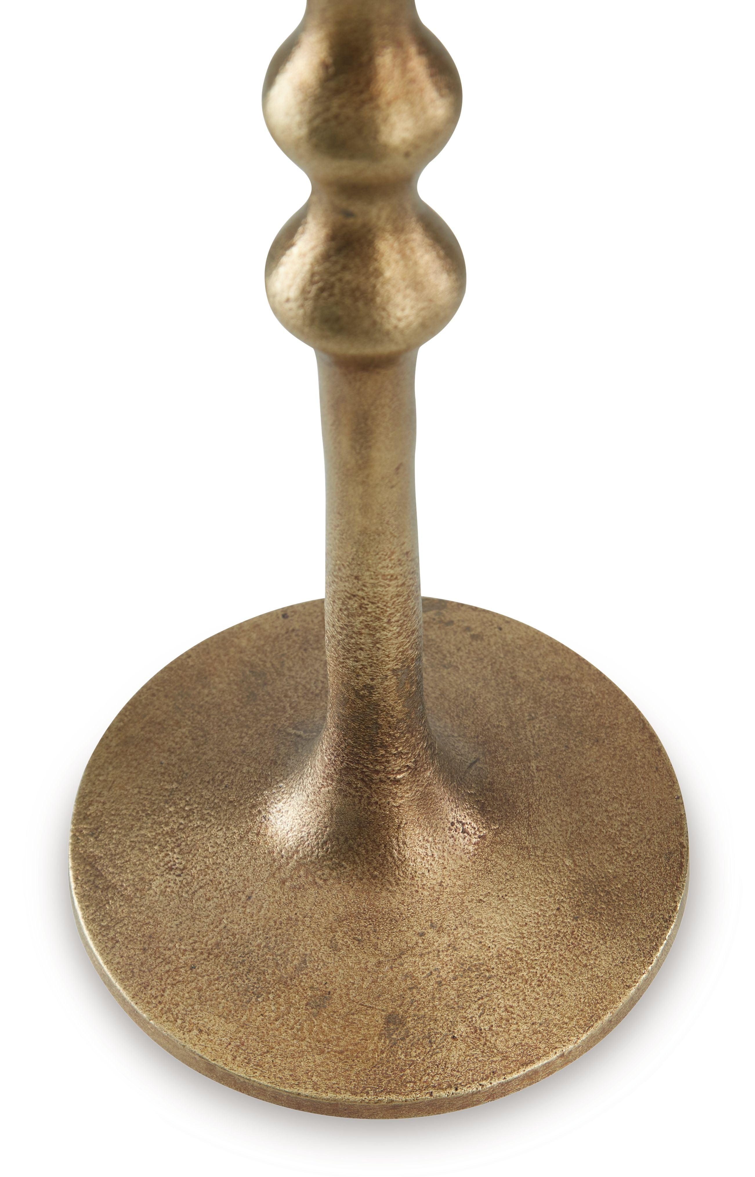 Antique brass candle holder with round base and textured beaded stem