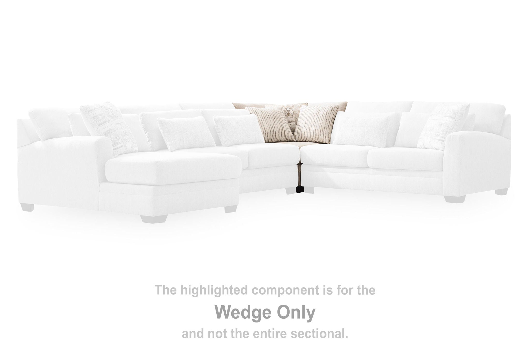 Wedge section of white upholstered sectional sofa with beige throw pillow