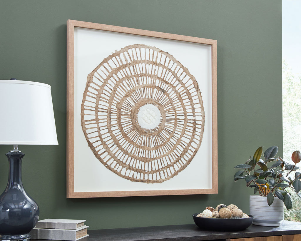 Framed circular wall decor with brown concentric woven rope pattern