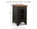 Chair side end table in dark wood with single cabinet door and mesh window