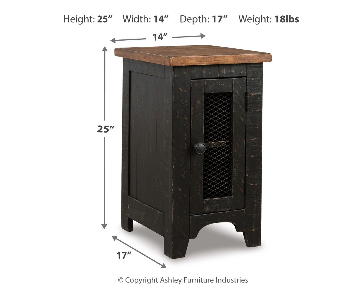 Chair side end table in dark wood with single cabinet door and mesh window