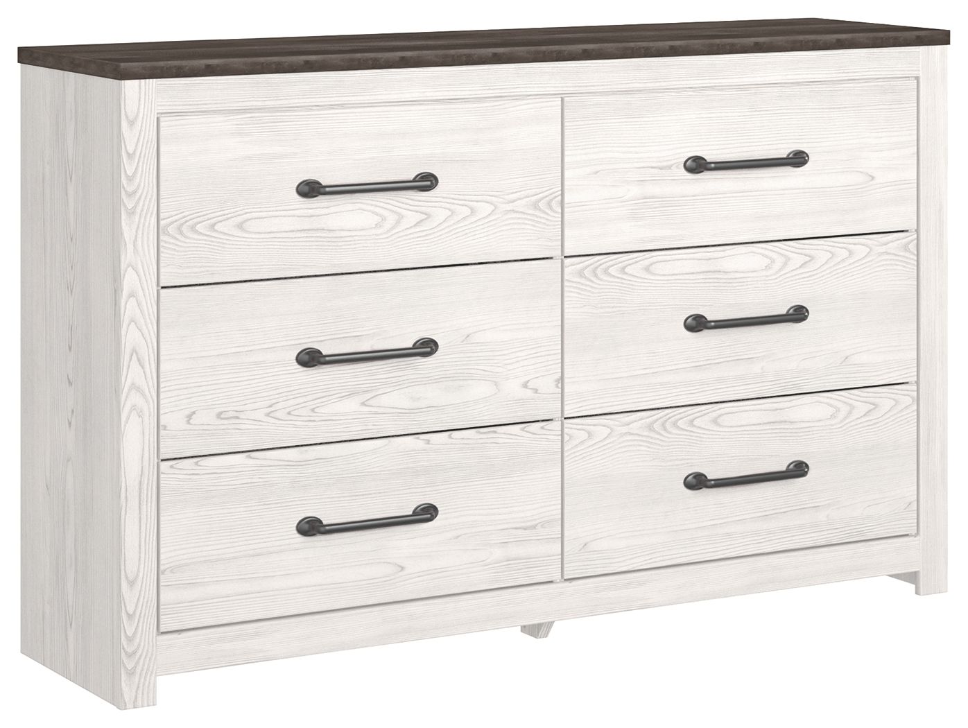 White wood dresser with four drawers and black bar pulls, dark wood top