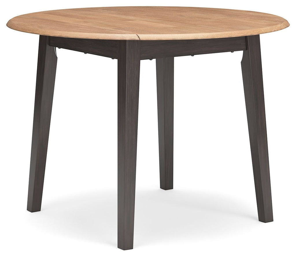 Round drop-leaf dining table, light wood top with dark brown legs
