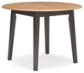 Round drop-leaf dining table, light wood top with dark brown legs