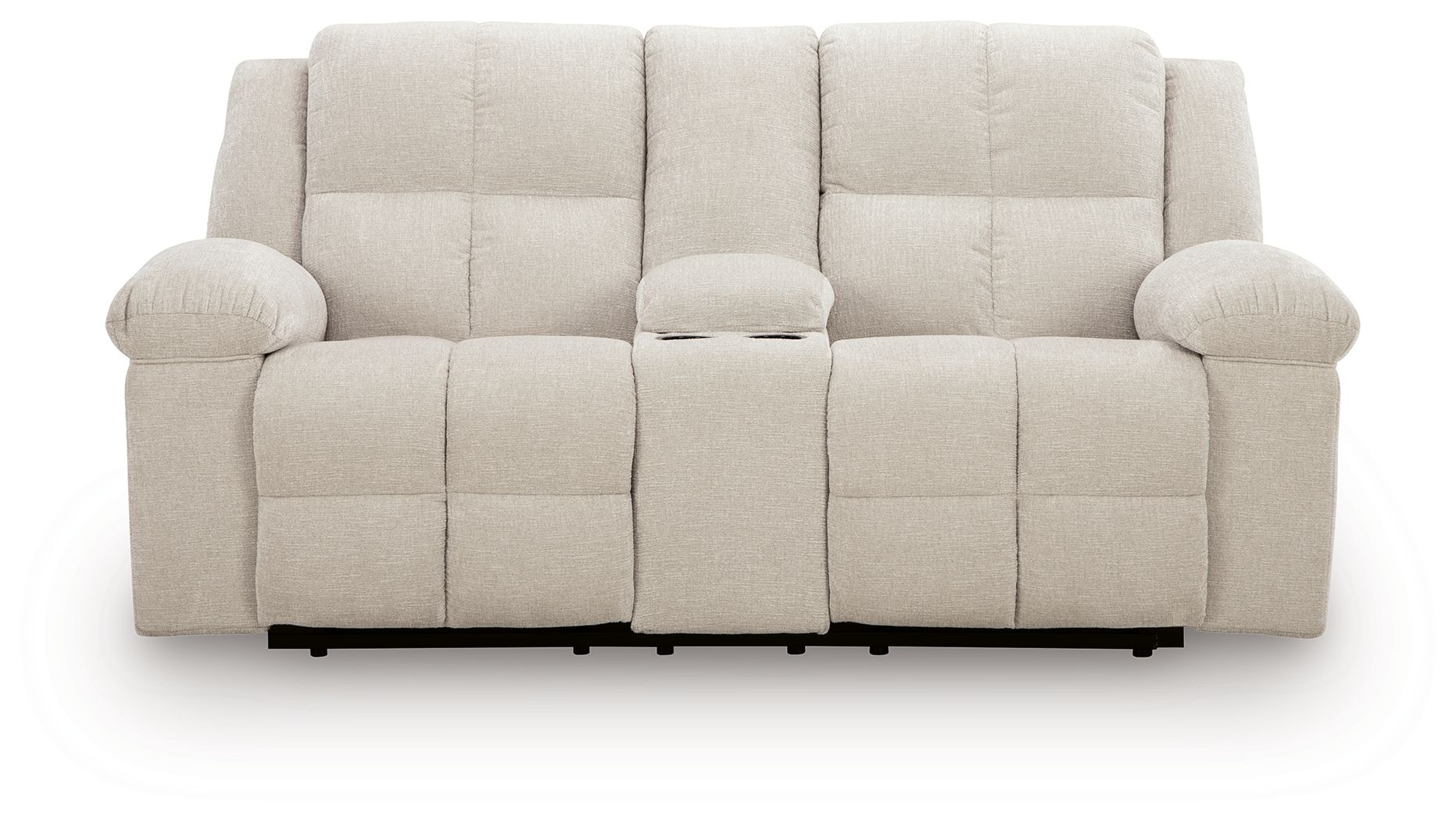 Double reclining loveseat with console, light beige upholstery, padded back and armrests