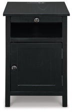 Black chair side end table with open shelf, cabinet door, and round door knob