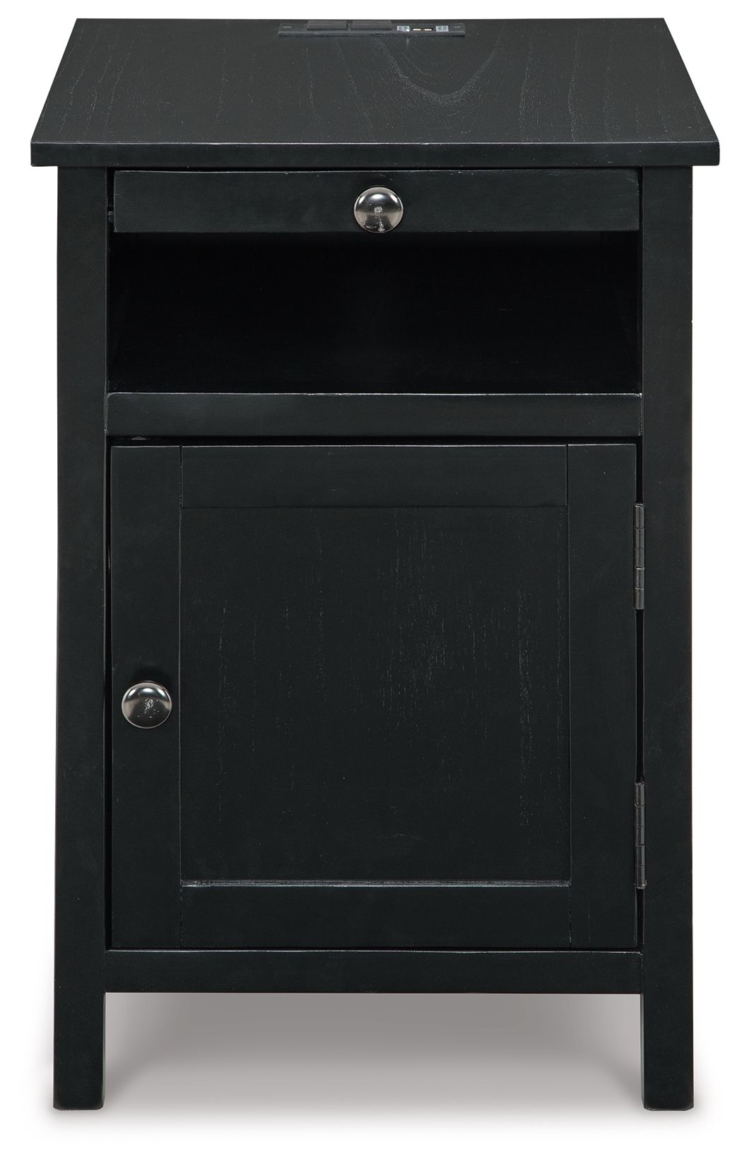 Black chair side end table with open shelf, cabinet door, and round door knob