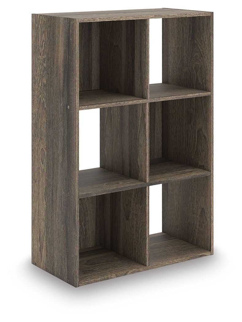 Dark brown cube organizer with open cubbies and square openings on three tiers