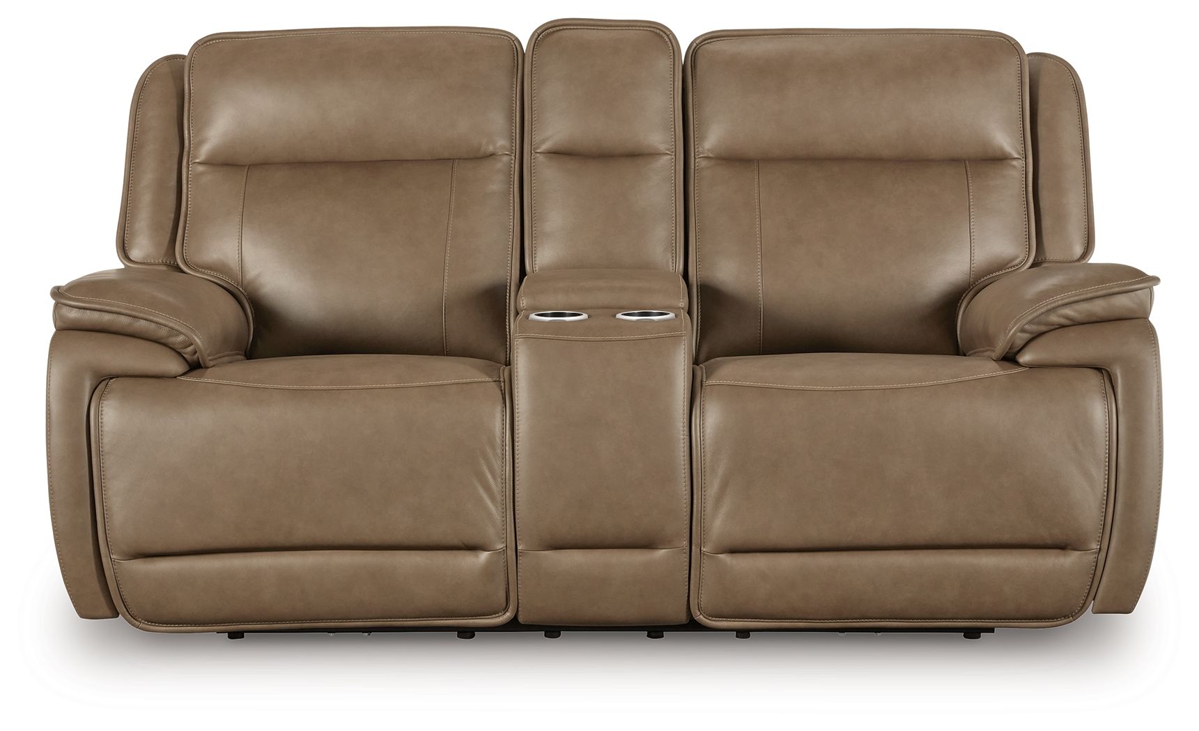 Power reclining loveseat with center console, brown upholstery, padded armrests and seats