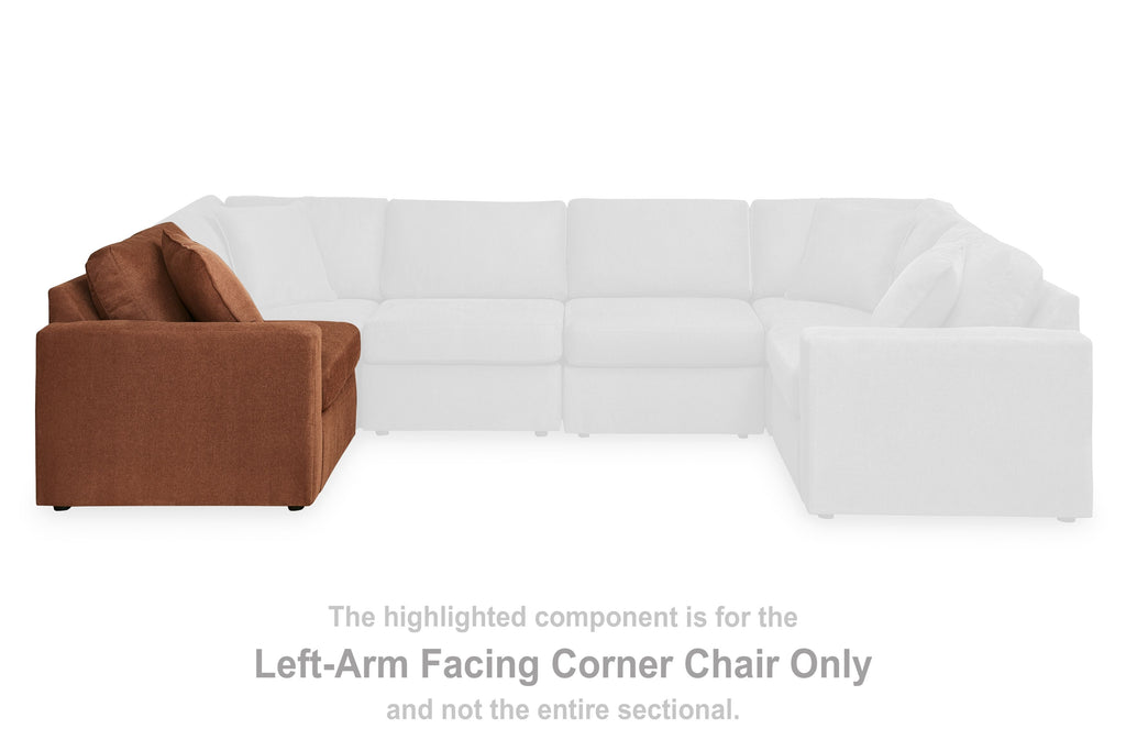 Brown left-arm facing corner chair with rounded arm and two back cushions