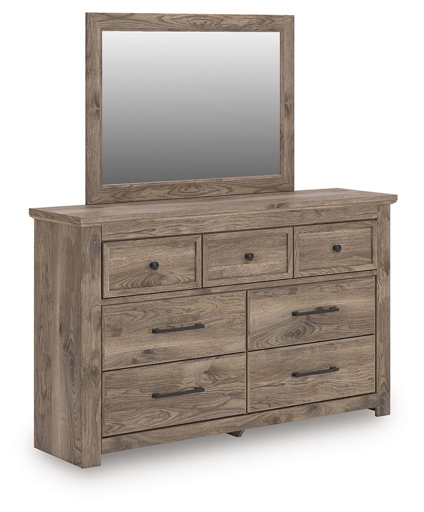 Light brown dresser with square mirror and seven drawers