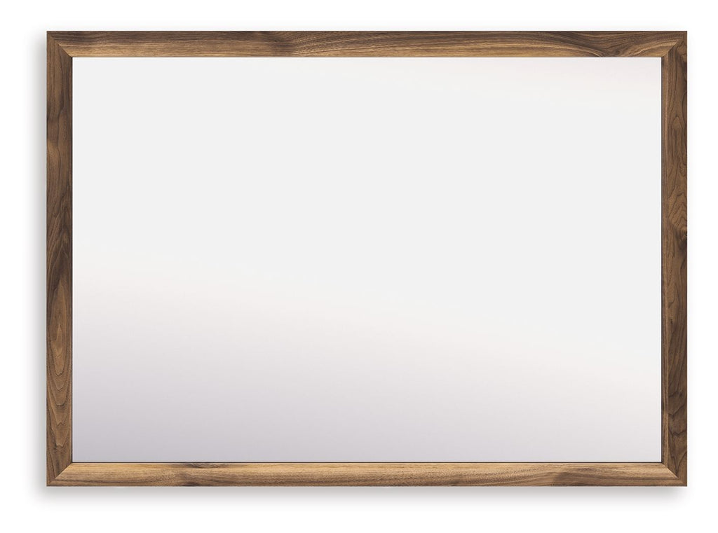 Rectangular bedroom mirror with brown wood frame and clear glass center panel