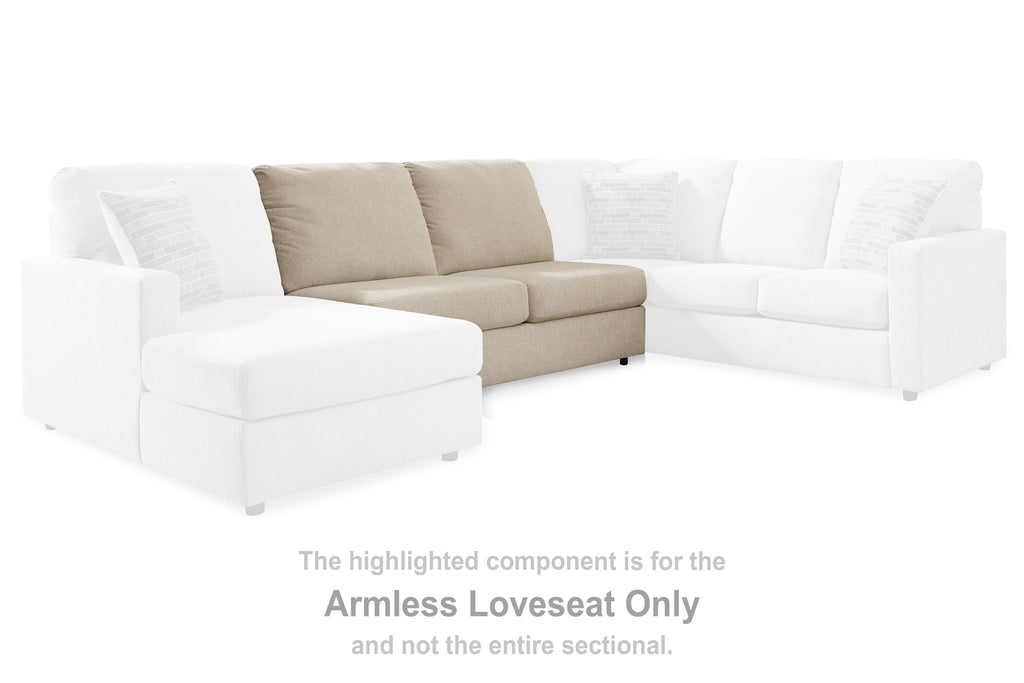 Pearl silver armless loveseat component with two back cushions and square arms