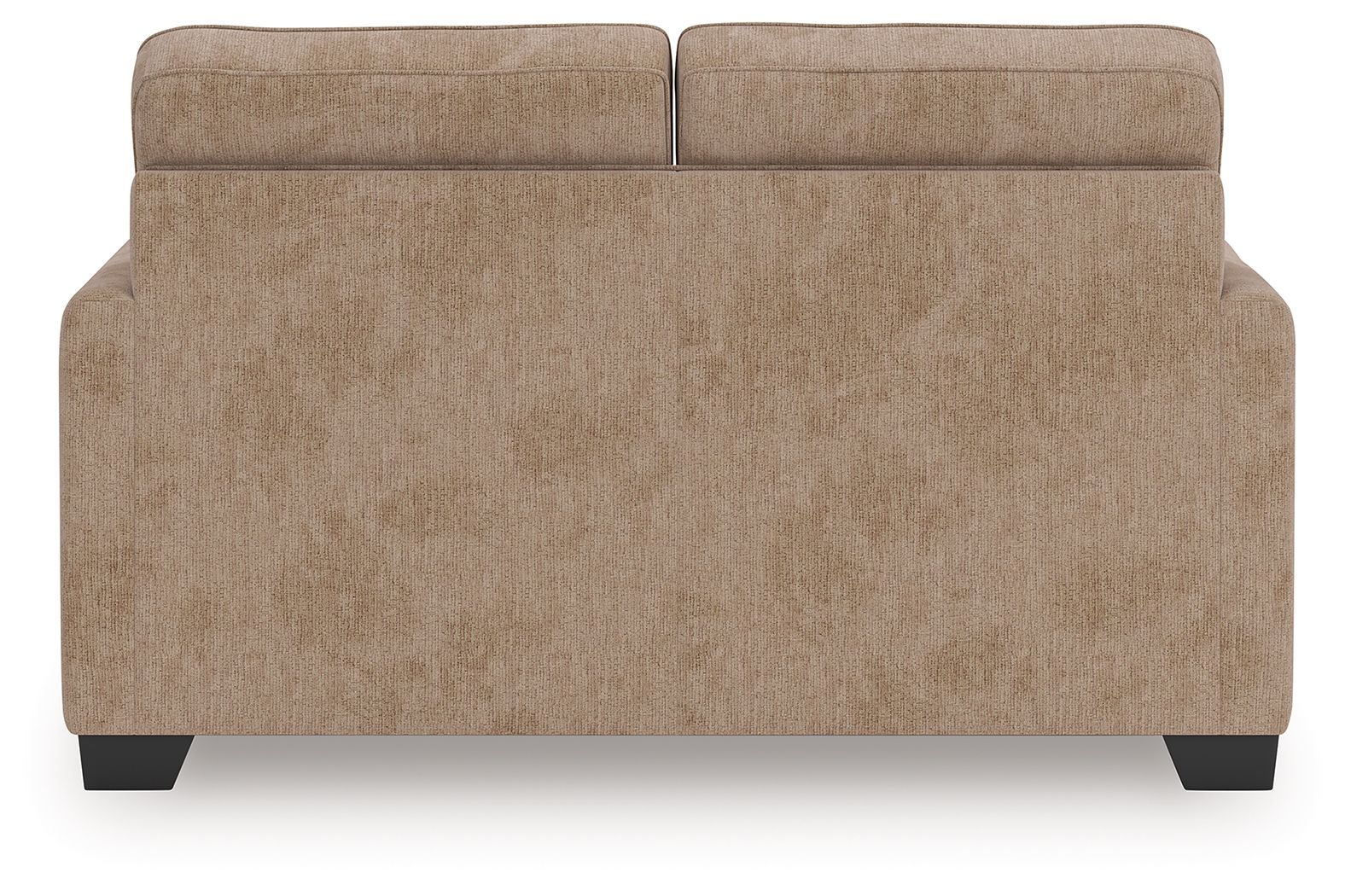 Light brown upholstered loveseat back and seat with wide arm panels