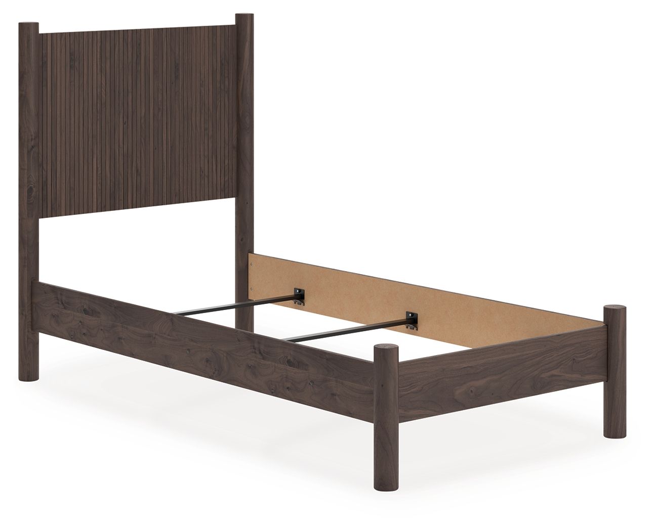 Dark brown panel bed frame with open base and metal support brackets