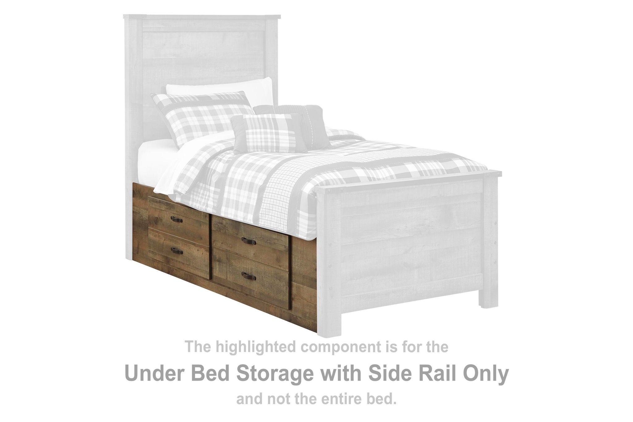 Brown under-bed storage bins with side rail, shown under bed frame