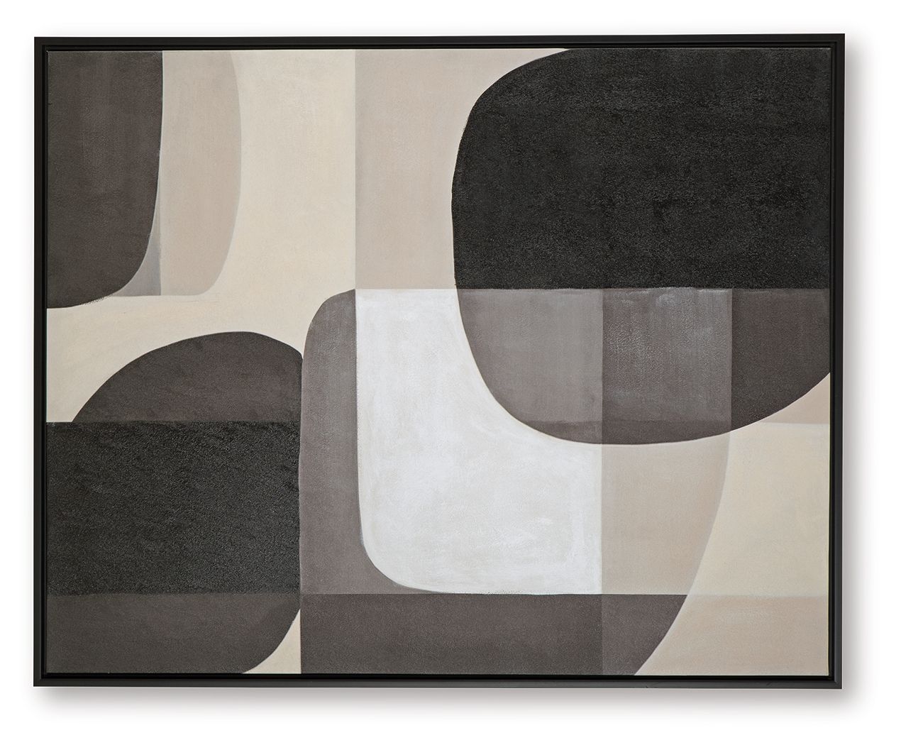 Framed abstract wall art featuring large black and white geometric curves and blocks.