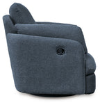 Blue swivel glider recliner with rounded arms, tufted back panel, and black handle detail