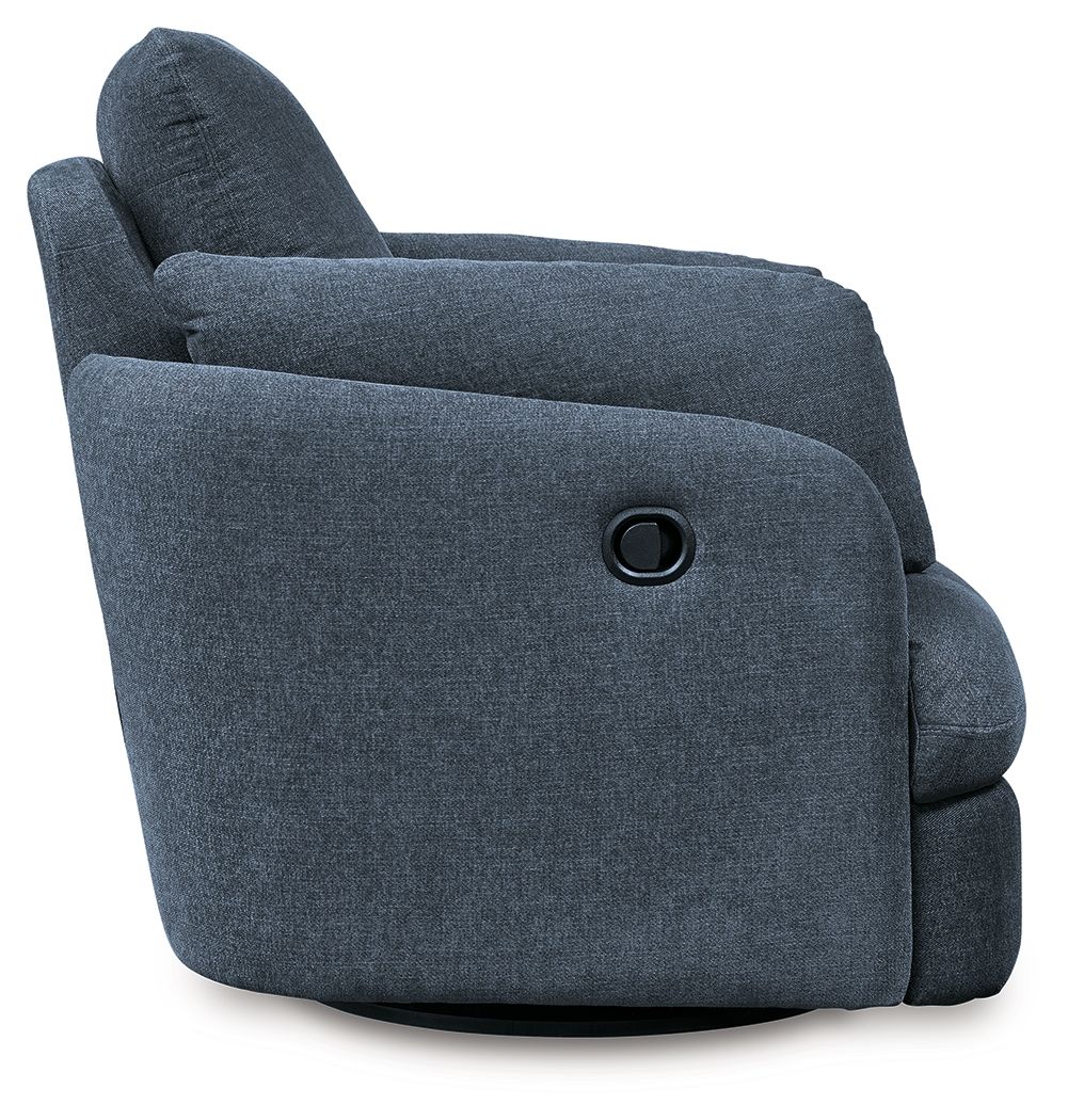 Blue swivel glider recliner with rounded arms, tufted back panel, and black handle detail