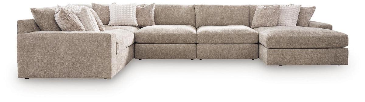 Burlap-upholstered sectional sofa with squared arms and multiple seat cushions