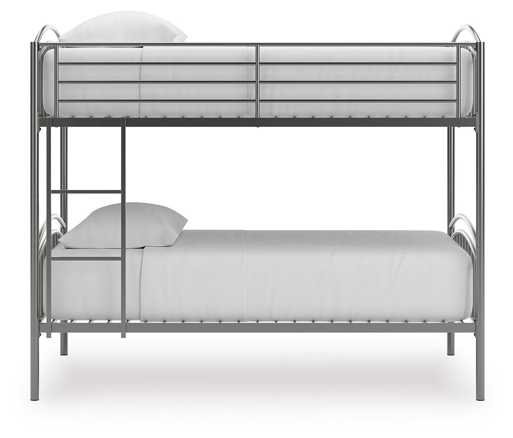 Gray twin-over-twin bunk bed with two mattresses and a front safety guardrail