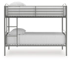 Gray twin-over-twin bunk bed with two mattresses and a front safety guardrail
