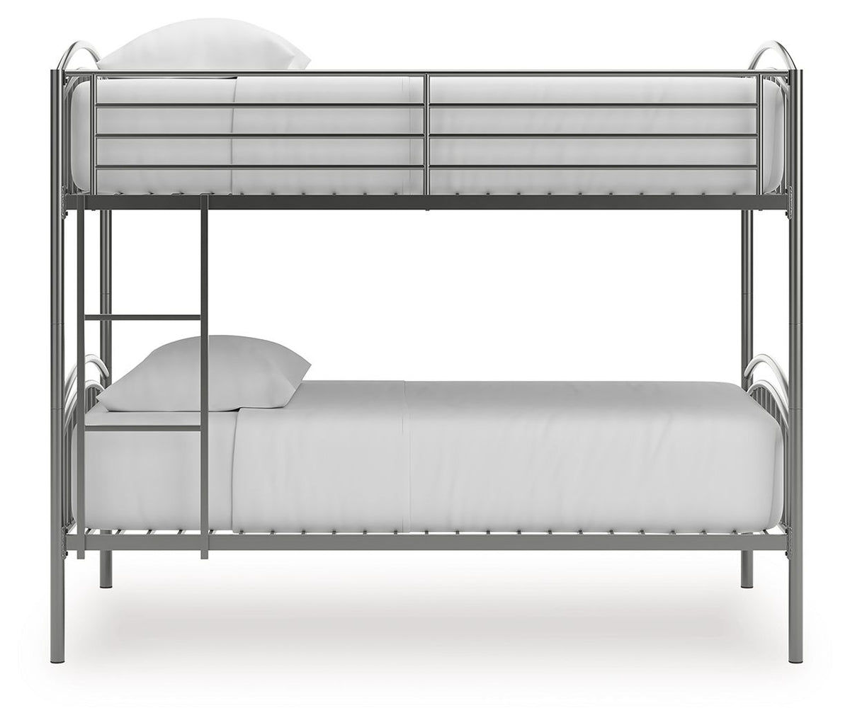 Gray twin-over-twin bunk bed with two mattresses and a front safety guardrail