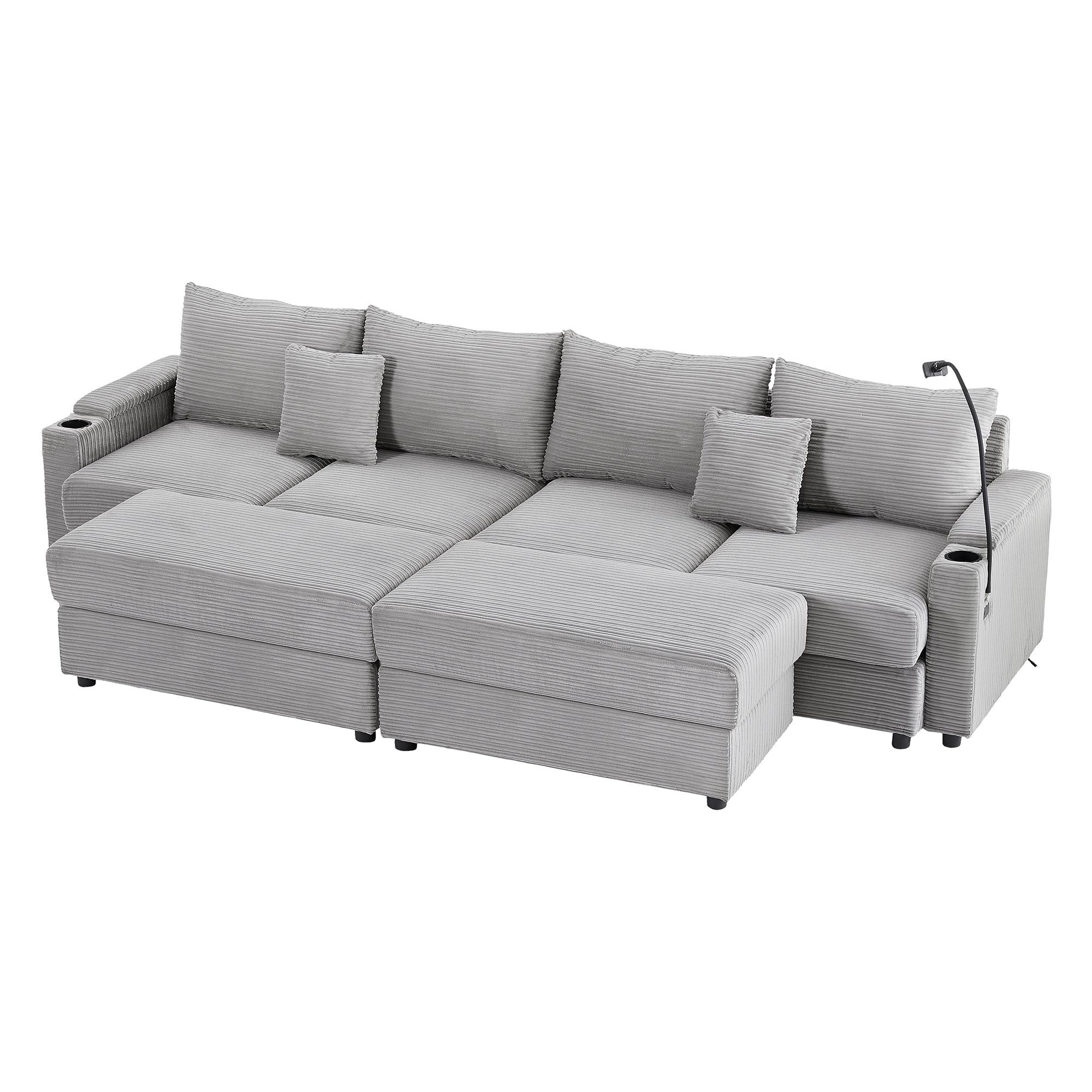 Modern Grey Corduroy 4-Seater Sofa Storage Ottomans USB