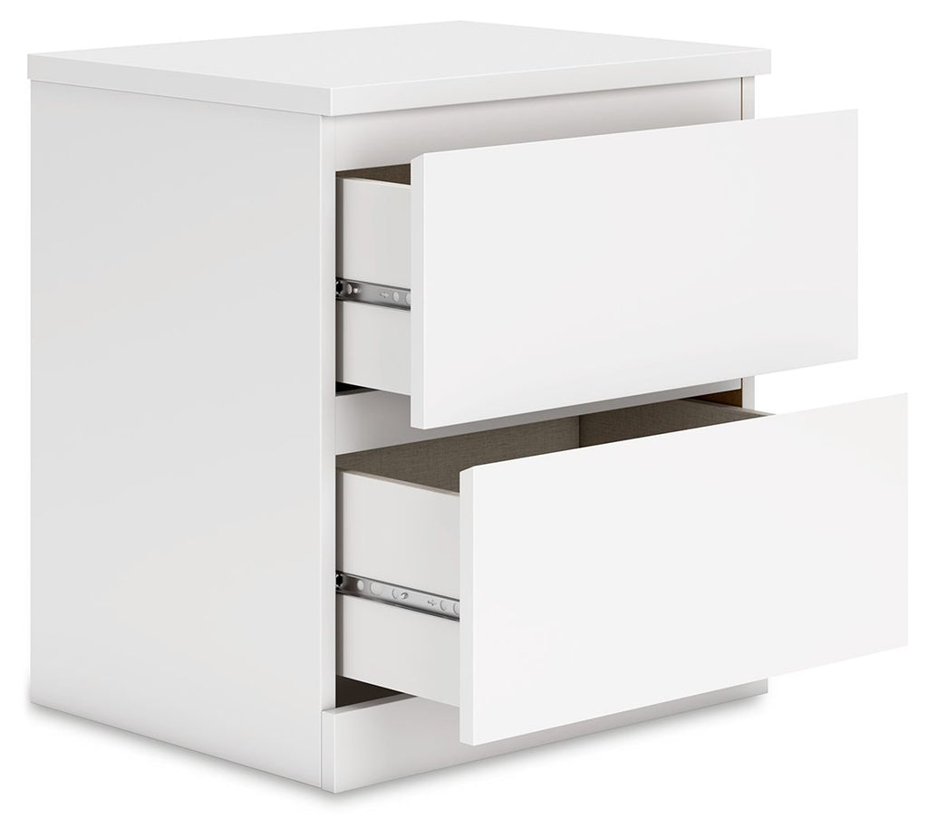 White nightstand with two open drawers showing interior hardware