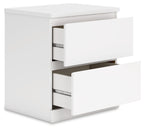 White nightstand with two open drawers showing interior hardware